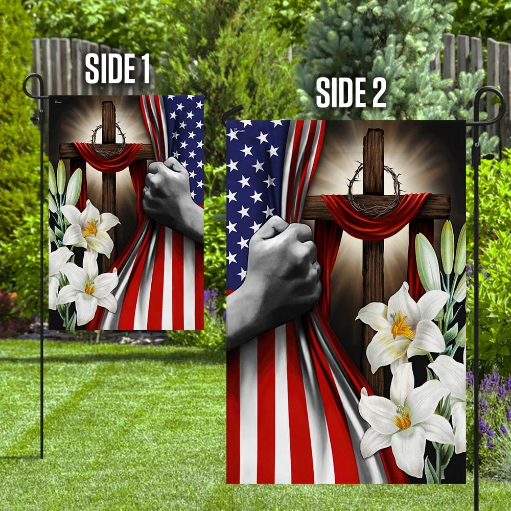 Easter Lilies Christian Cross American US Flag - Easter House Flags - Christian Easter Garden Flags