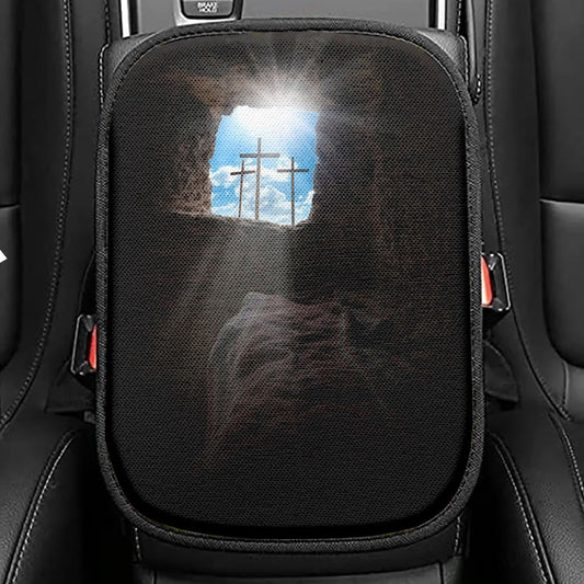 Easter Morning Golgotha Hill Cross Resurrection Seat Box Cover, Religious Car Center Console Cover, Christian Car Interior Accessories