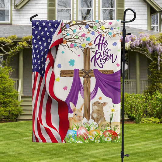 Easter Rabbit Jesus Cross He Is Risen American Flag - Easter House Flag - Outdoor Easter Flag