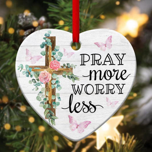 Elegant Christian Ceramic Heart Ornament - Pray More, Worry Less - Christmas Decor - Funny Ornament