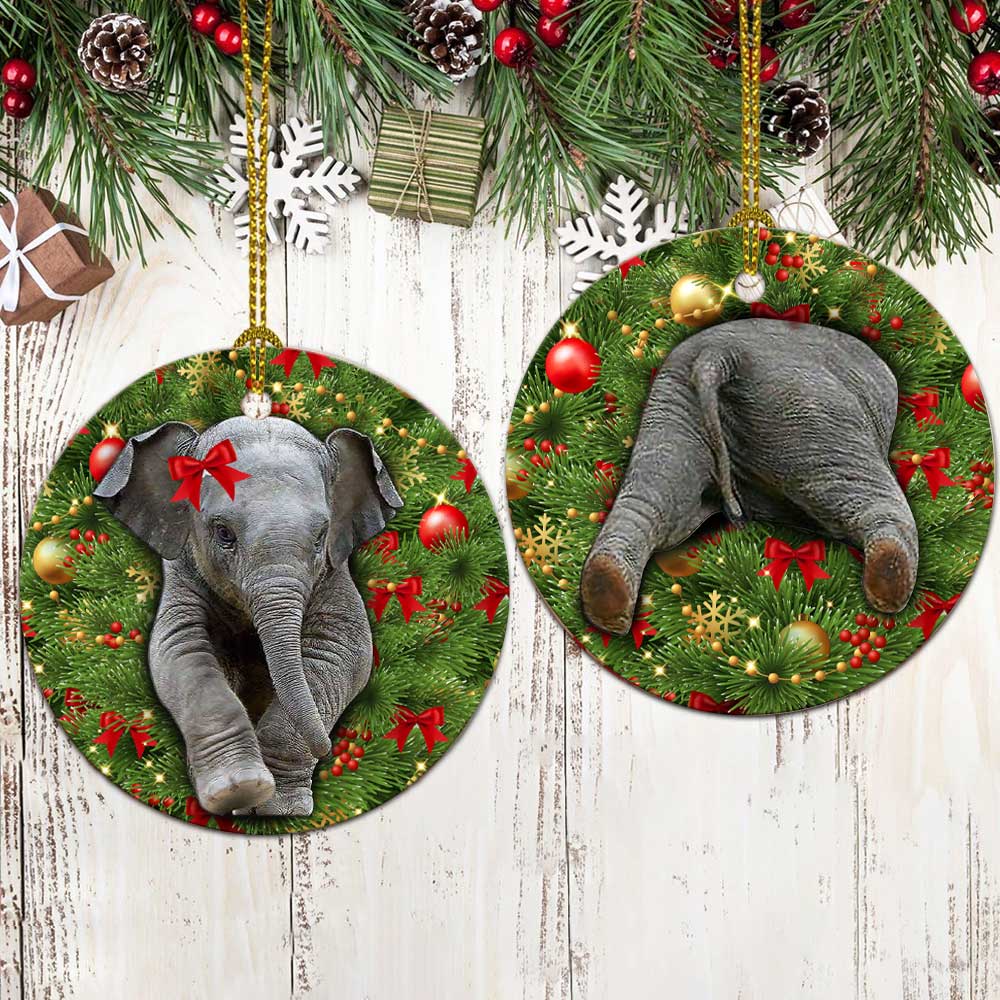 Elephant Christmas Tree Ceramic Circle Ornament - Decorative Ornament - Christmas Ornament