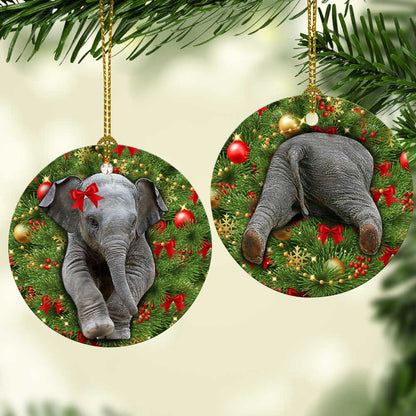 Elephant Christmas Tree Ceramic Circle Ornament - Decorative Ornament - Christmas Ornament