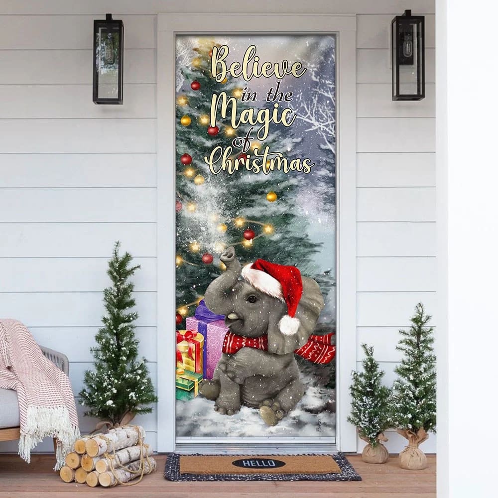 Elephant Door Cover - Believe In The Magic Of Christmas Door Cover - Christmas Outdoor Decoration
