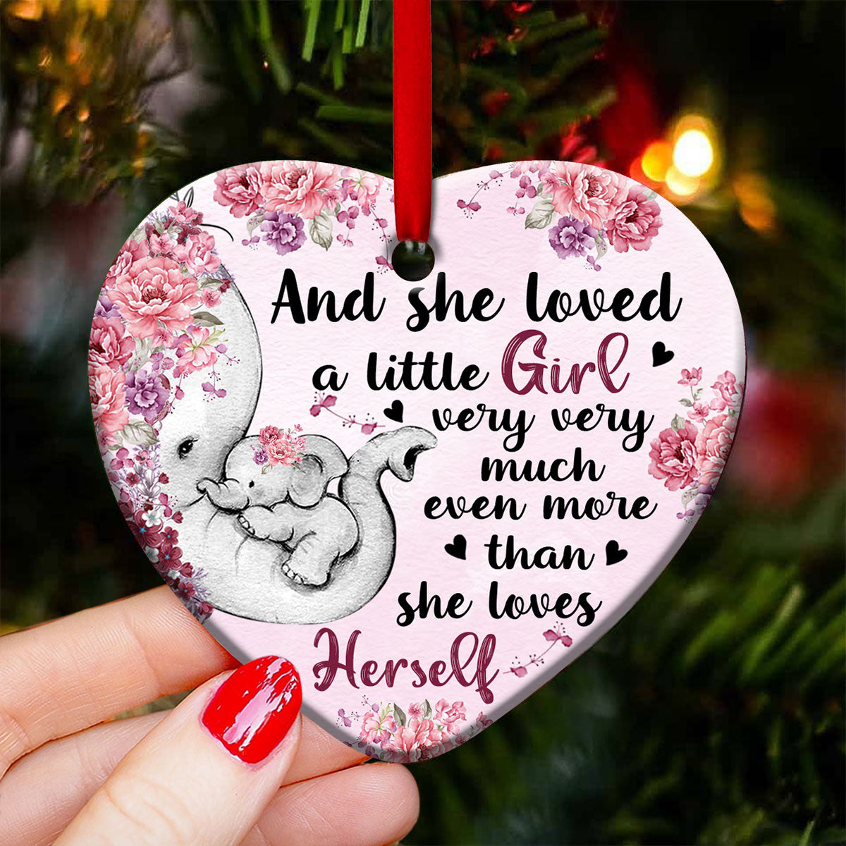 Elephant Family She Loved A Little Girl Heart Ceramic Ornament - Christmas Ornament - Christmas Gift
