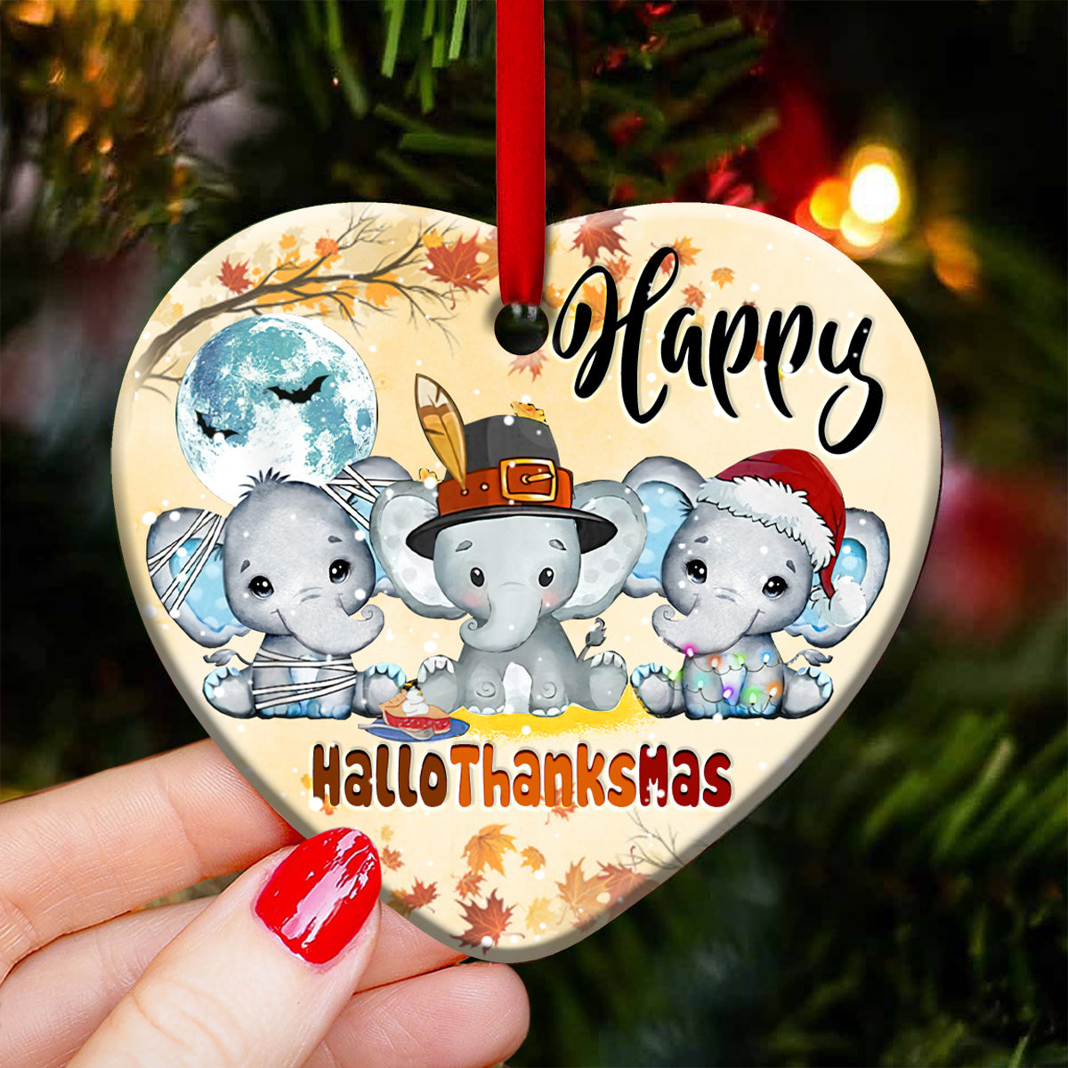 Elephant Happy Hallothanksmas Heart Ceramic Ornament - Christmas Ornament - Christmas Gift