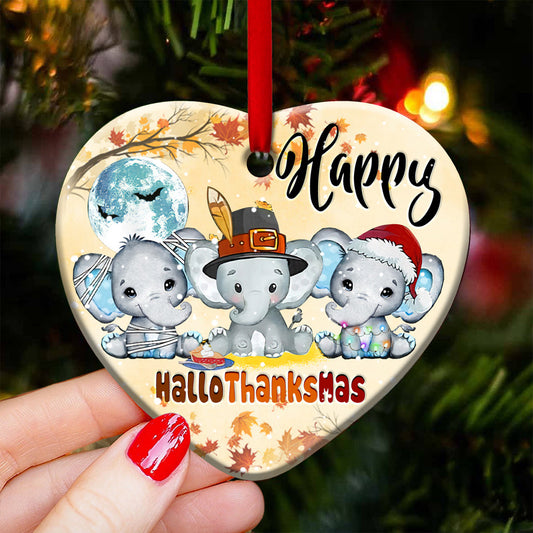 Elephant Happy Hallothanksmas Heart Ceramic Ornament - Christmas Ornament - Christmas Gift