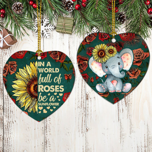 Elephant Sunflower Heart Ceramic Ornament - Christmas Ornament - Christmas Gift