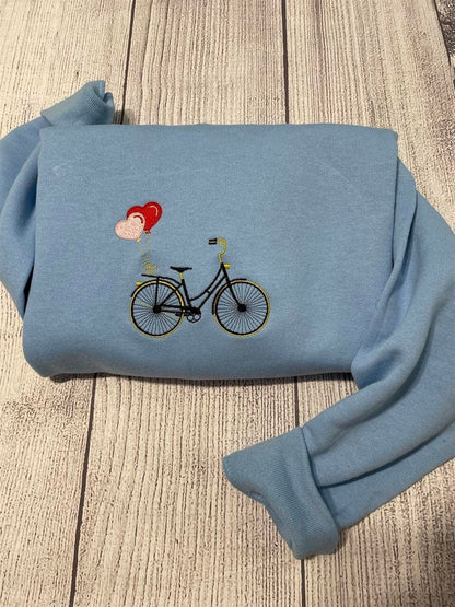 Embroidered Bicycle Sweatshirt; Valentine Sweatshirt, Women's Embroidered Sweatshirts