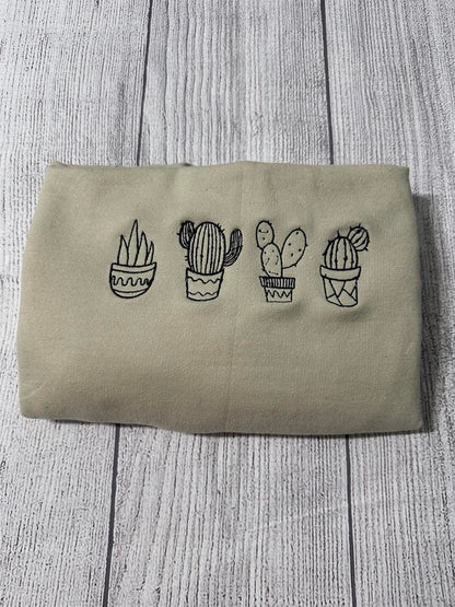Embroidered Vintage Cactus Plants Sweatshirt, Women's Embroidered Sweatshirts