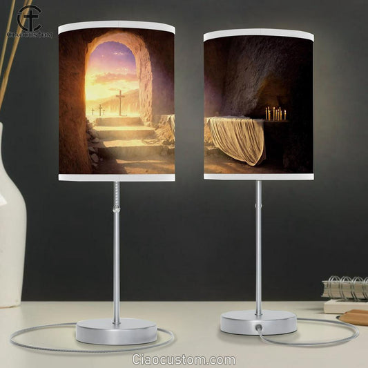 Empty Tomb Christ With Crucifixes Table Lamp Pictures - Faith Art - Christian Table Lamp For Bedroom Decor