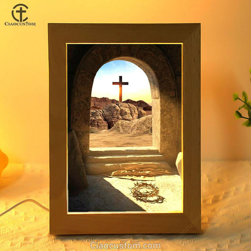 Empty Tomb Crown Of Thorns Rugged Cross Frame Lamp Pictures - Christian Wall Art - Frame Lamp Easter Wall Decor
