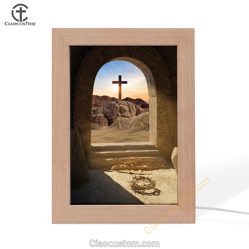 Empty Tomb Crown Of Thorns Rugged Cross Frame Lamp Pictures - Christian Wall Art - Frame Lamp Easter Wall Decor