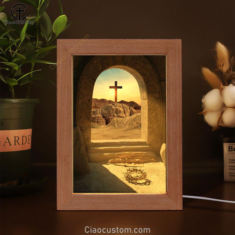 Empty Tomb Crown Of Thorns Rugged Cross Frame Lamp Pictures - Christian Wall Art - Frame Lamp Easter Wall Decor