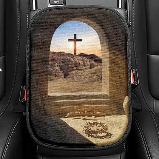 Empty Tomb Crown Of Thorns Rugged Cross Seat Box Cover, Christian Car Center Console Cover,Easter Car Interior Accessories
