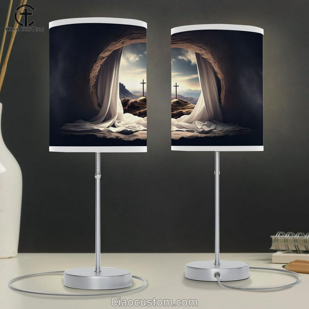 Empty Tomb Crucifixion Sunrise With White Robe Table Lamp Pictures - Faith Art - Christian Table Lamp For Bedroom Decor