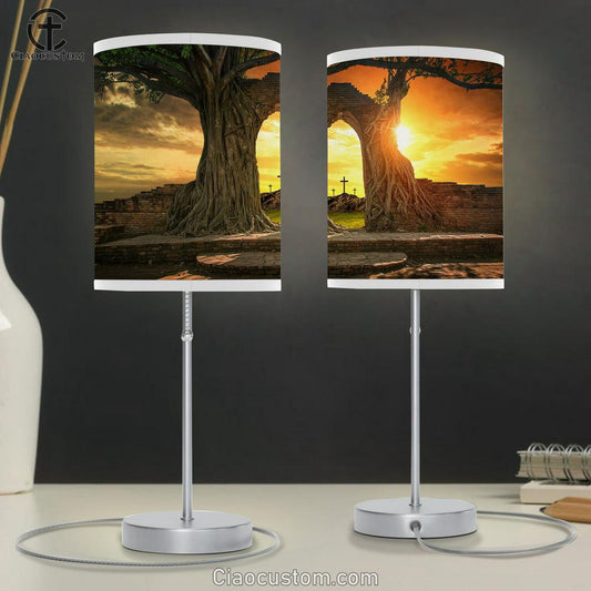 Empty Tomb With Three Crosse Table Lamp Pictures - Faith Art - Christian Table Lamp For Bedroom Decor