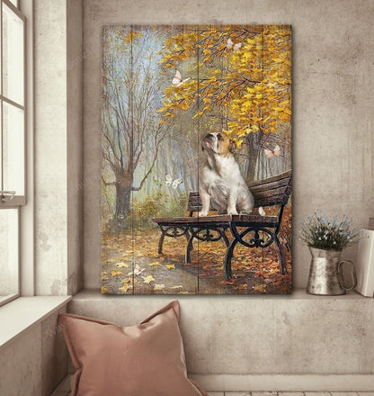 English Bulldog Autumn Park Sitting On The Bench White Butterfly Gift For English Bulldog Canvas Wall Art - Christian Gift