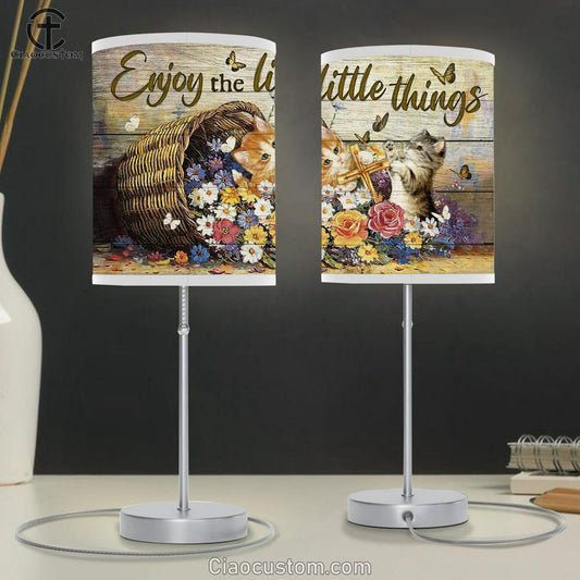Enjoy The Little Things Flower Cat Cross Large Table Lamp Art - Christian Lamp Art Home Decor - Religious Table Lamp Prints