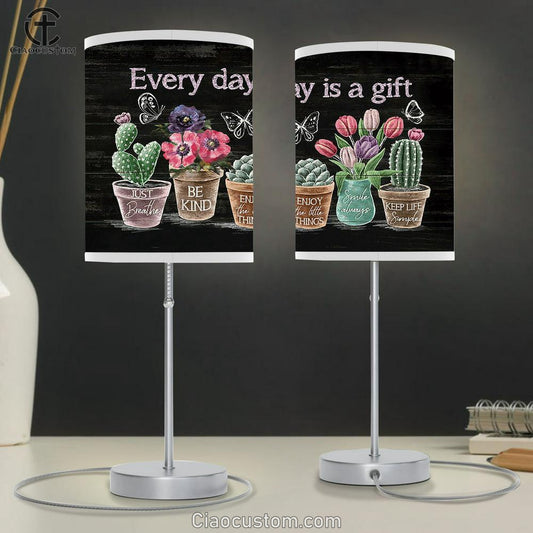 Every Day Is A Gift Flower Rustic Cactus Tulip Flower Butterfly Large Table Lamp - Christian Lamp Art - Bible Verse Table Lamp Art