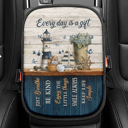 Every Day Is A Gift Lighthouse Butterfly Seat Box Cover, Christian Car Center Console Cover, Bible Verse Car Interior Accessories