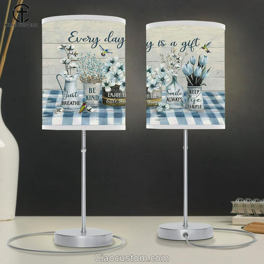 Every Day Is A Gift White Cotton Flower Blue Tulip Hummingbird Table Lamp Prints - Religious Table Lamp Art - Christian Home Decor
