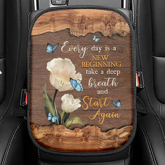 Every Day Is A New Beginning Blue Butterfly White Tulip Seat Box Cover, Bible Verse Car Center Console Cover, Christian Car Interior Accessories