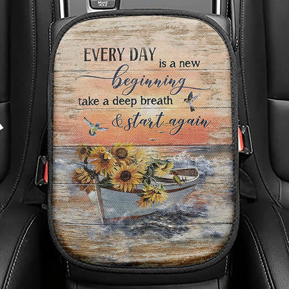 Every Day Is A New Beginning Boat Drawing Sunflower Vase Seat Box Cover, Christian Car Center Console Cover, Religious Car Interior Accessories