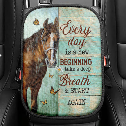 Every Day Is A New Beginning Brown Horse Monarch Butterfly Seat Box Cover, Christian Car Center Console Cover