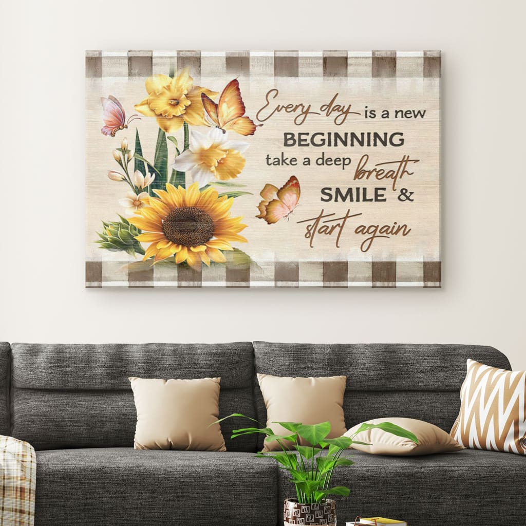Every Day Is A New Beginning Butterfly Sunflowers Wall Art Canvas - Religious Wall Decor