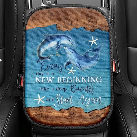 Every Day Is A New Beginning Dolphin Seat Box Cover, Christian Car Center Console Cover, Religious Car Interior Accessories