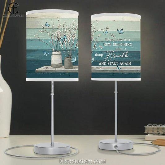 Every Day Is A New Beginning Flower Blue Butterfly Table Lamp For Bedroom - Bible Verse Table Lamp - Religious Room Decor