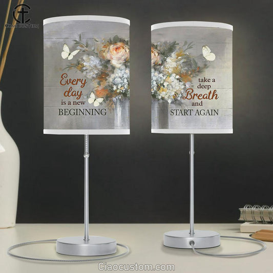 Every Day Is A New Beginning Flower White Butterfly Large Table Lamp - Christian Lamp Art - Bible Verse Table Lamp Art