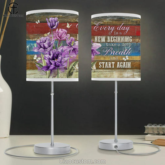 Every Day Is A New Beginning Purple Flower Butterfly Large Table Lamp - Christian Lamp Art - Bible Verse Table Lamp Art