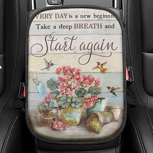 Every Day Is A New Beginning Red Geranium Hummingbird Seat Box Cover, Christian Car Center Console Cover, Bible Verse Car Interior Accessories