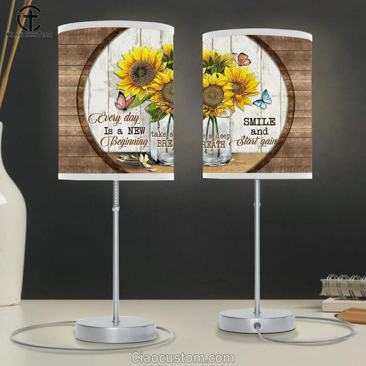 Every Day Is A New Beginning Sunflower Butterfly Large Table Lamp - Christian Lamp Art - Bible Verse Table Lamp Art