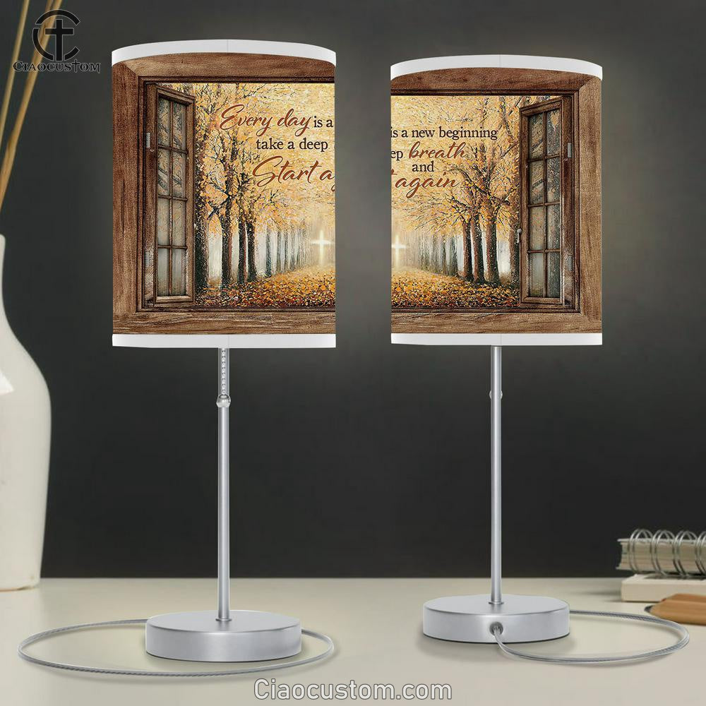 Every Day Is A New Beginning Yellow Leaf Golden Cross Table Lamp For Bedroom - Bible Verse Table Lamp - Religious Room Decor