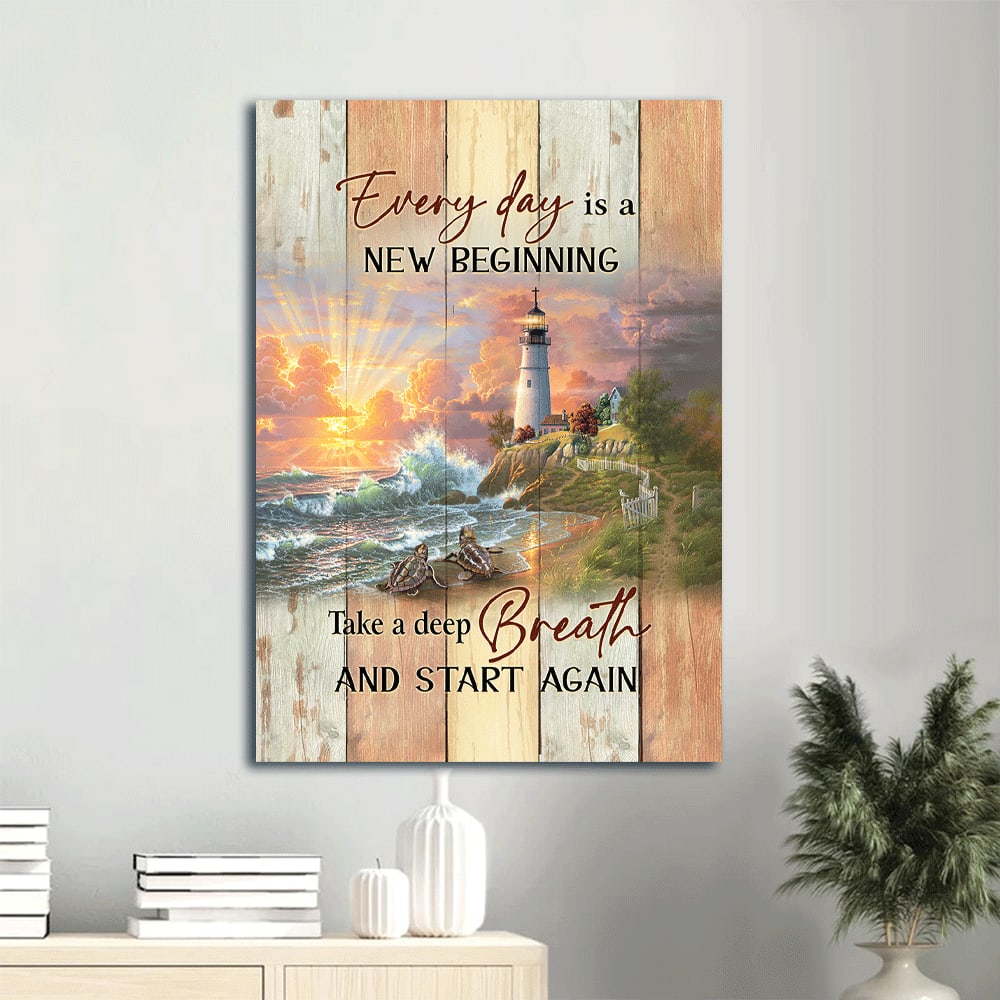 Every Day Is New Beginning Canvas Wall Art - Sunset & Sea Turtle & Beautiful Lighthouse Portrait Canvas - Gift For Christian