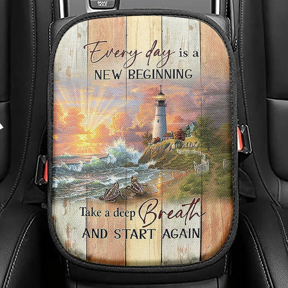 Every Day Is New Beginning Sunset Sea Turtle Lighthouse Seat Box Cover, Christian Car Center Console Cover, Bible Verse Car Interior Accessories
