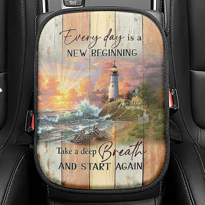 Every Day Is New Beginning Sunset Sea Turtle Lighthouse Seat Box Cover, Christian Car Center Console Cover, Bible Verse Car Interior Accessories