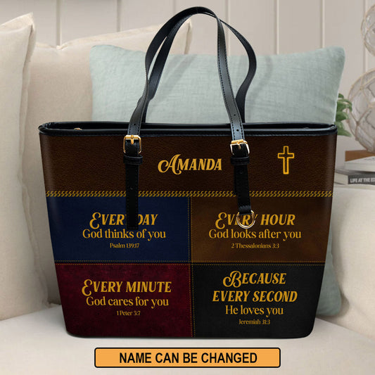 Every Hour God Looks After You Personalized Large Leather Tote Bag - Christian Gifts For Women
