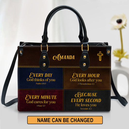 Everyday God Thinks Of You Leather Bag - Personalized Leather Bag With Handle for Christian Women