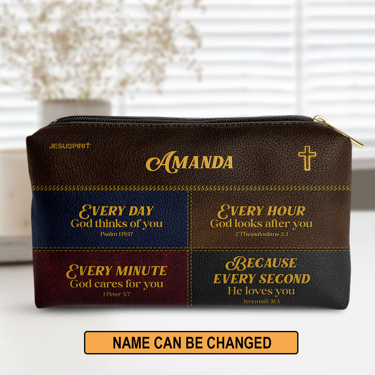 Everyday God Thinks Of You Personalized Cross Leather Pouch - Scripture Gifts For Women Of God