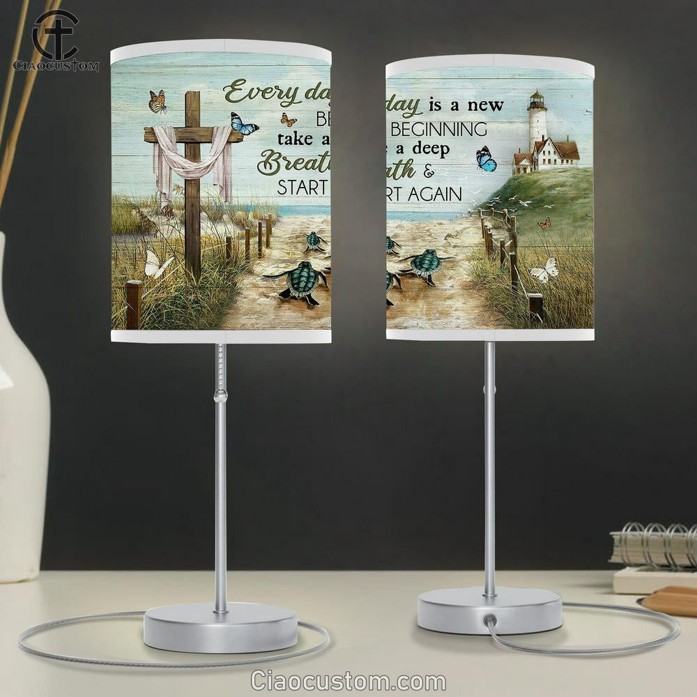 Everyday Is A New Beginning Beach Sand Sea Turtle Lighthouse Table Lamp For Bedroom - Bible Verse Table Lamp - Religious Room Decor