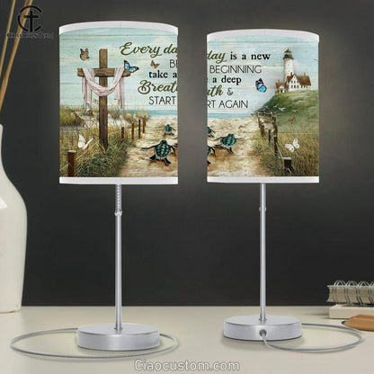 Everyday Is A New Beginning Beach Sand Sea Turtle Lighthouse Table Lamp For Bedroom - Bible Verse Table Lamp - Religious Room Decor