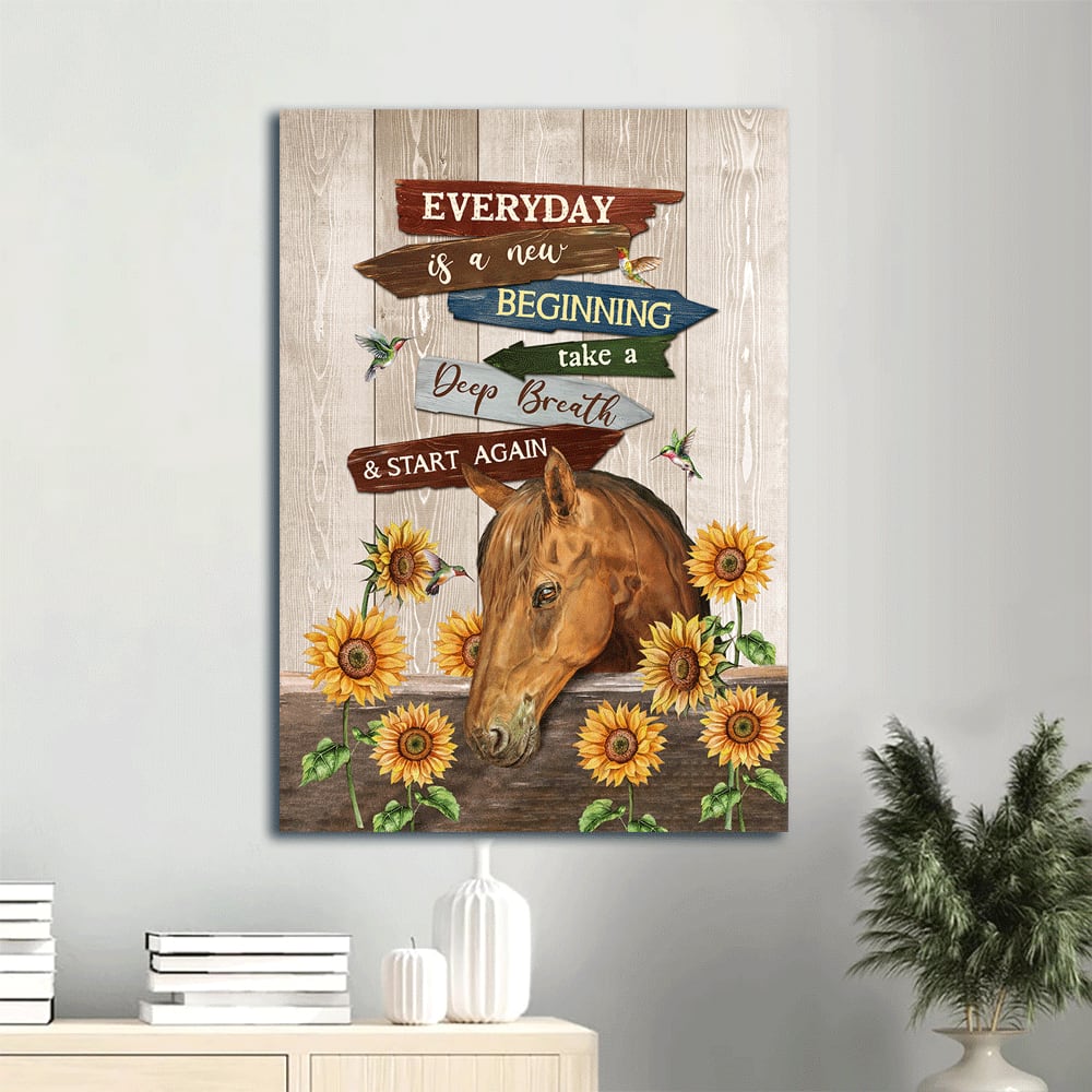 Everyday Is A New Beginning Canvas Wall Art - Horse & Sunflower & Hummingbird Portrait Canvas - Gift For Christian