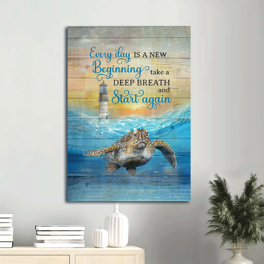 Everyday Is A New Beginning Canvas Wall Art - Sea Turtle Lighthouse Blue Ocean Canvas