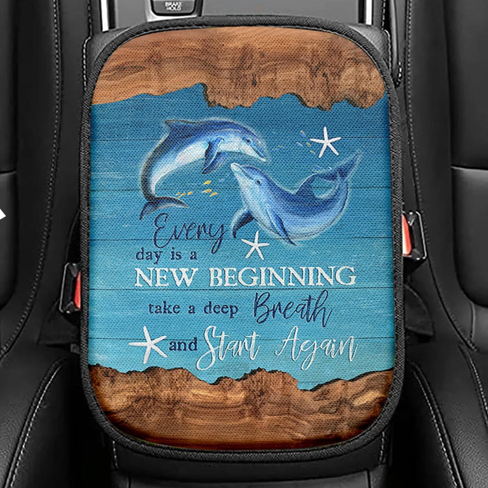 Everyday Is A New Beginning Dolphin Blue Ocean Seat Box Cover, Bible Verse Car Center Console Cover, Christian Inspirational Car Interior Accessories