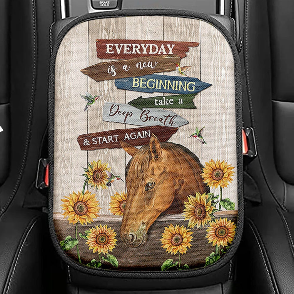 Everyday Is A New Beginning Horse Sunflower Garden Hummingbird Seat Box Cover, Christian Car Center Console Cover