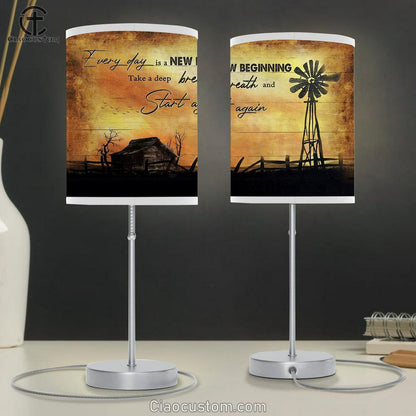 Everyday Is A New Beginning Old Barn Windmill Sunset Large Table Lamp - Christian Lamp Art - Bible Verse Table Lamp Art