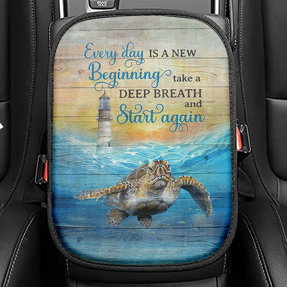 Everyday Is A New Beginning Sea Turtle Lighthouse Blue Ocean Seat Box Cover, Christian Car Center Console Cover, Bible Verse Car Interior Accessories